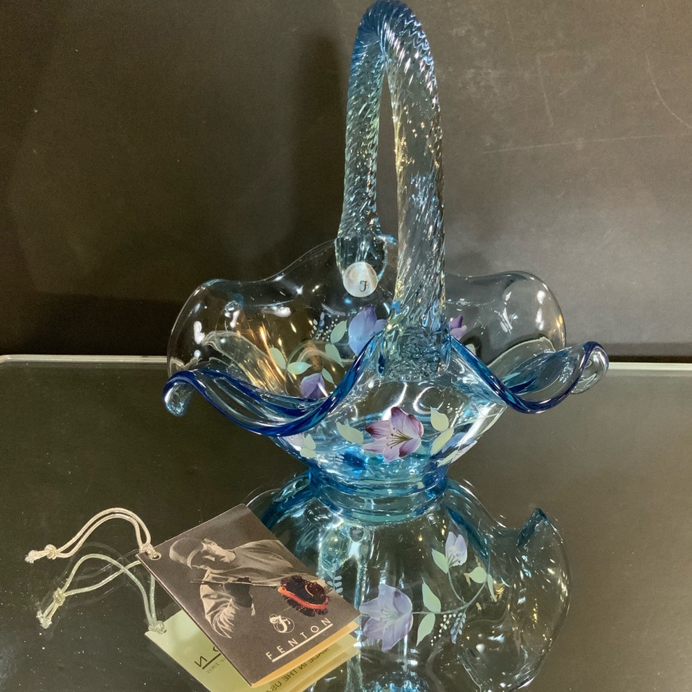 Fenton Glass Basket Blue Floral Hand Painted R Bauman NOS